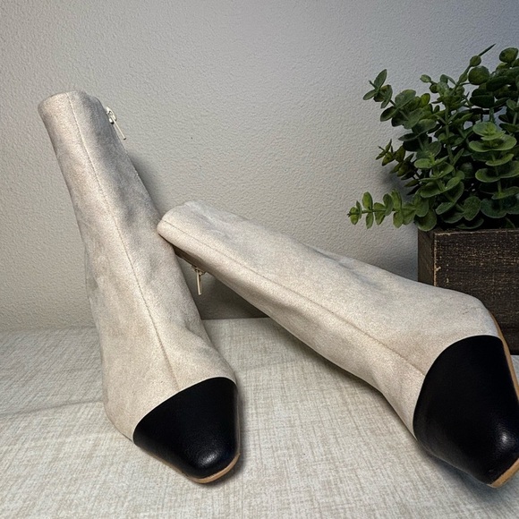 Express Cream Heeled Boots with Black Toe - Picture 2 of 7